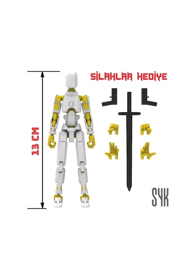 Robot 13 Dummy Beyaz Sarı Tüm Eklemleri Hareketli Aksiyon Figürü Oyuncak