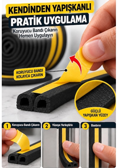 Siyah Kapı Pencere Yalıtım Bandı 10 Metre, Kendinden Yapışkanlı Çift Kanallı Pvc İzolasyon Fitili, R