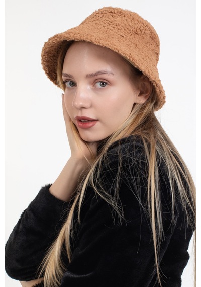 Ladycolor Kadın Kışlık Şapka Peluş Kumaş Bucket Modeli Camel Camel