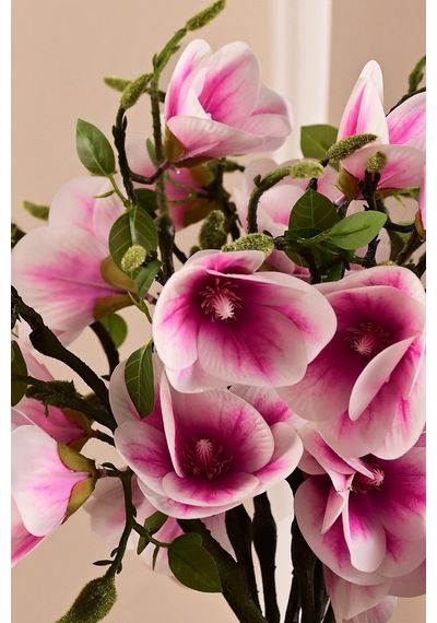 Pembe Yapay Manolya Çiçeği 3 Dallı Premium Canlı Islak Dokulu 52 Cm