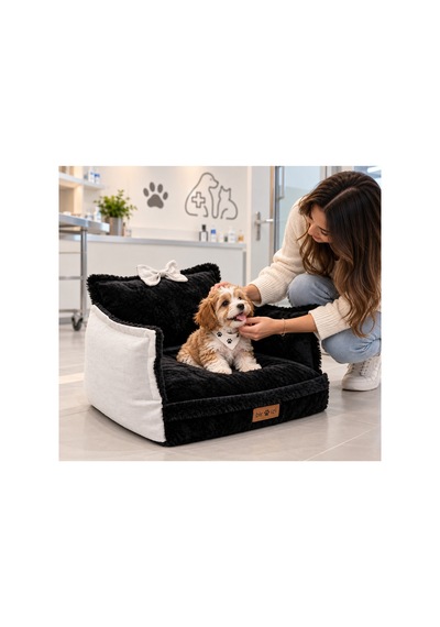 Peluş Fiyonklu Kedi Ve Köpek Koltuğu Tamamen Fermuarlı Çıkarılabilir İç Minder Boncuk Elyaf Kaydırmaz Taban Kedi Ve Köpek Yatağı Siyah Peluş Beyaz 1715024220