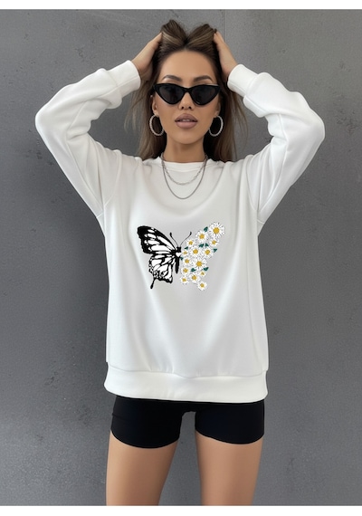 Uyguntarz Unisex Papatya Kelebek Baskılı Tasarım Oversize Bisiklet Yaka Sweatshirt beyaz