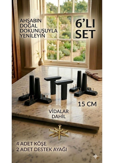 1. Sınıf Gürgen Ağacı Siyah Mobilya Kanepe Koltuk Tv Ünitesi Mobilya Ayakları 6'lı Set Köşe Ayak Ve Destek Ayağı 15 Cm Robot Süpürge Uyumlu