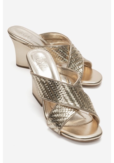 Luvi Shoes Lavean Altın Örgü Çapraz Bantlı Kadın Dolgu Topuklu Terlik