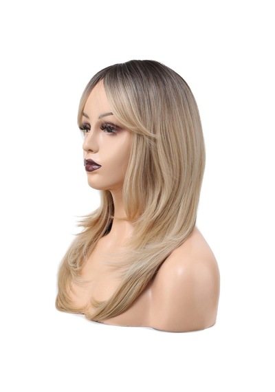 Katlı Kesim Perçemli Düz Fiber Sentetik Orta Boy Peruk / Kahve / Platin Ombre Ve Röfleli - Pnrq-739959 Renkli