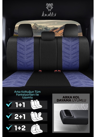 Mavi - Siyah Butti Bello Serisi Keten Kumaş Premium Oto Koltuk Kılıfı Ortopedik Destekli, Ön Arka Tam Set