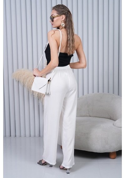 Polologin Butik Beli Bağcıklı Yüksek Bel Bol Paça Beyaz Pantolon Beyaz