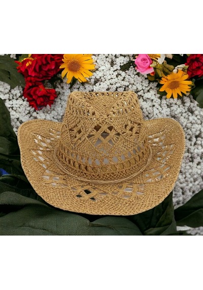 Shopiolog Geniş Kenarlı Etnik Dokulu Uv Korumalı Hasır Kovboy Şapka Camel