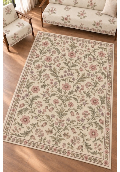 3 Lü Set 2 Adet 165x215 Cm Koltuk Örtüsü + 1 Adet 6m2 180x280 Cm Kaymaz Taban Dijital Baskılı Halı krem