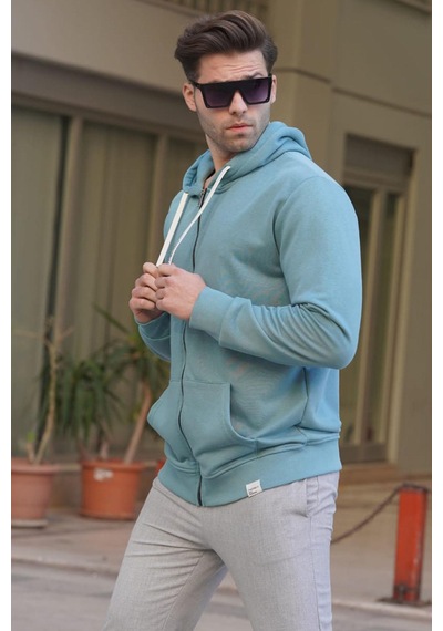 Madmext Soluk Mavi Fermuarlı Kapüşonlu Sweatshirt 6161 Mavi