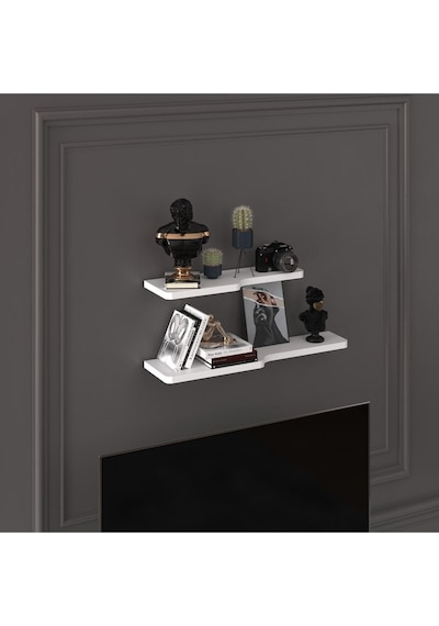 Asra Trend Kıvrımlı Duvar Rafı DRF-03 %100 MDF 2'li Dekoratif Organizer Kitaplık Beyaz