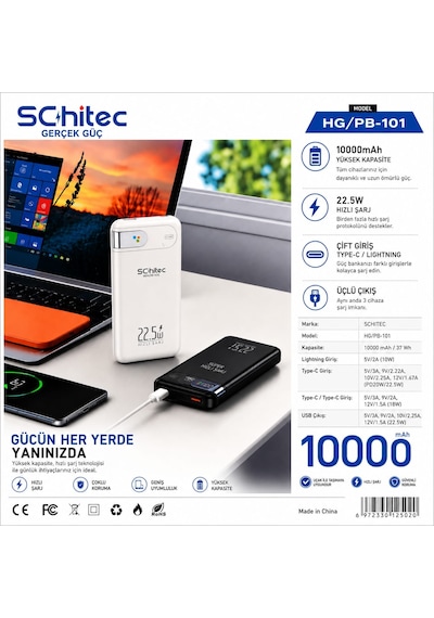 Schitec Hg/pb-101 10000mah 22.5w Hızlı Şarjlı Powerbank Type-c / Lightning Kablo Dijital Göstergeli Siyah