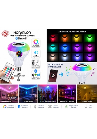 Rgb Bluetooth Hoparlörlü Akıllı Led Ampul Kumandalı Renk Değiştiren Müzik Lambası E27
