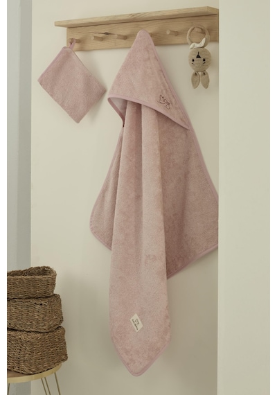 Bambu Antibakteriyel Bebek Nakışlı Havlu Kundak 75x75 Ve Kese Pembe