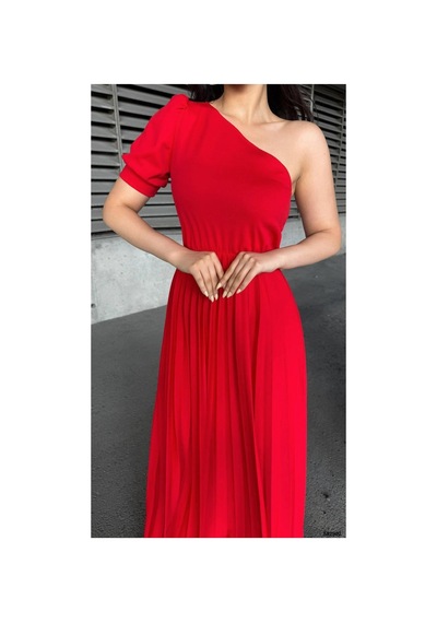 DefyModa Kadın İnce Krep Kumaş Tek Omuz Pile Detaylı Abiye Elbise Kırmızı