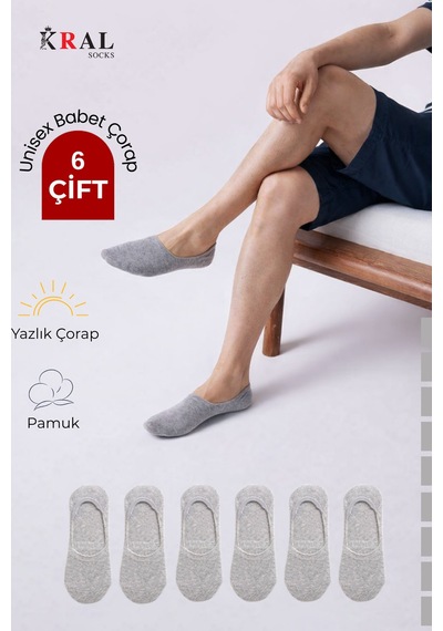 Kral Socks Unisex Düz Desenli 6 Çift Pamuklu Terletmez Babet Çorap Gri