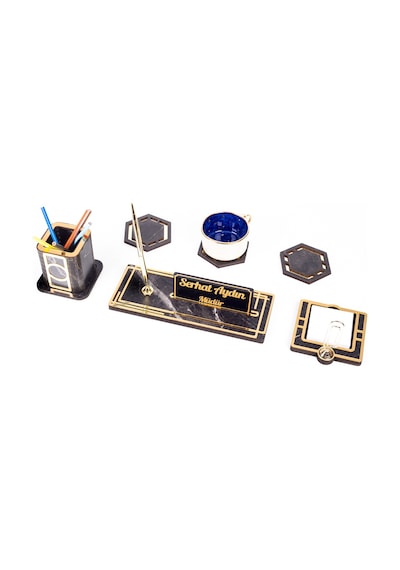 Retro Gold Kalemli Ataçlı Ahşap Masa İsimliği Bardak Altlığı Kalemlik Notluk İsimlik Masa Seti
