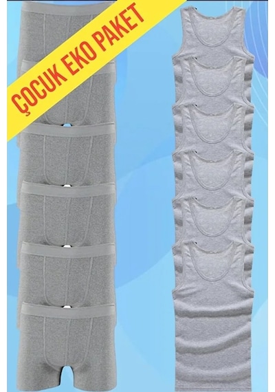 Tezzgelsin Erkek Çocuk Pamuklu Penye 6 Atlet 6 Boxer Gri Gri