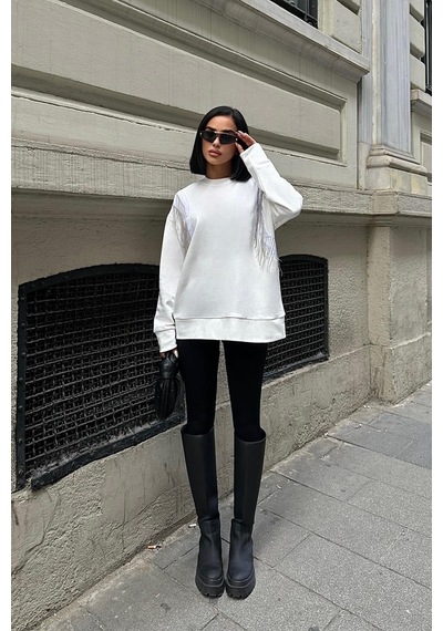 WeShaya Kadın Kırık Beyaz Oversize Dokuma Uzun Kollu Sweatshirt Kırık Beyaz