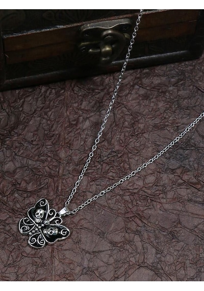 Retro Vintage Gotik Zincirli Kelebek Kuru Kafa Kolye Gümüş