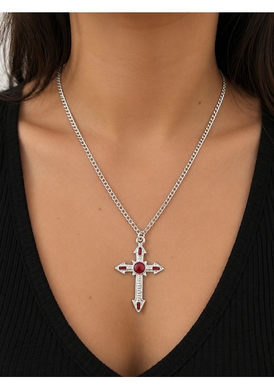 Unisex Gotik Haç Kolye Kırmızı Gri Gümüş Vintage Cross Kolye, Retro Zincir Kolye, Kadın Erkek Punk Kolye Çok Renkli