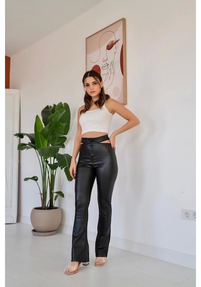 Defymoda Siyah Bel Detaylı Deri Pantolon Siyah