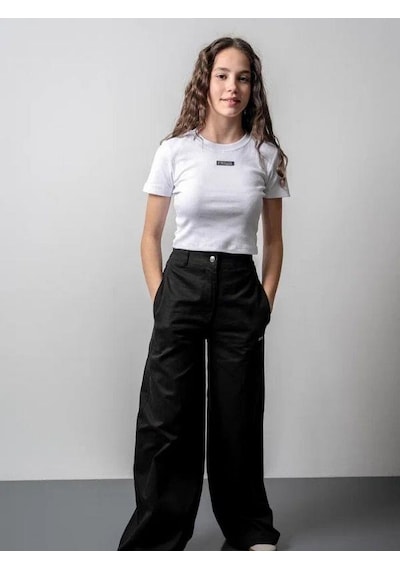 Zekids Kız Çocuk Fitilli Metal Yazılı Yarım Kollu Kaşkorse Crop-15804 Beyaz