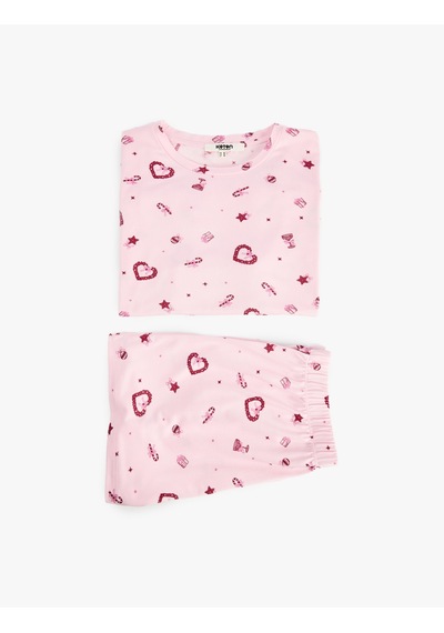 Koton Kalp Desenli Rahat Kalıp Kısa Kollu Bisiklet Yaka Şortlu Pijama Takımı Pembe Desenli 7wlk40333mk