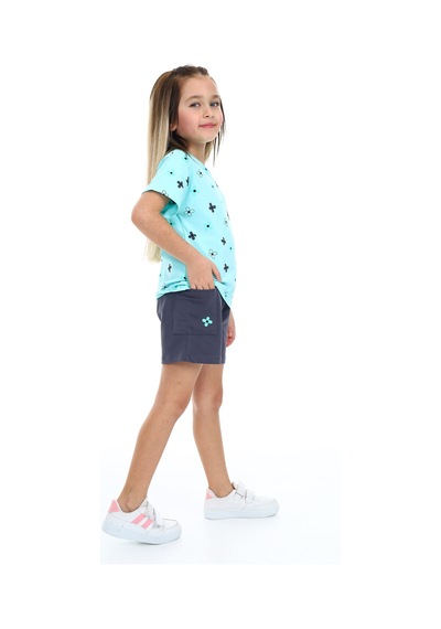 Toontoy Kids Toontoy Kız Çocuk Garni Komple Çiçek Baskılı Şortlu Takım Su Yeşili