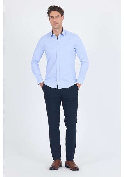 İmza Uzun Kol Düz Bez Ayağı Sert Yaka Cepsiz Pamuklu Classic Slim Fit Gömlek 1004250211 Mavi