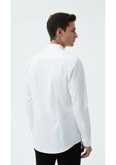 Plus Scorpion Erkek Hakim Yaka Slim Fit Gömlek Şık, Modern, Uzun Kollu, Düz Model Beyaz