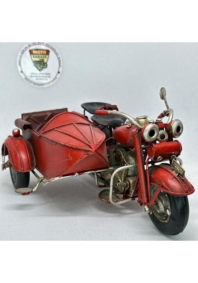 El Yapımı Dekoratif Yan Sepetli Kırmızı Motosiklet Model Metal Biblo & Vintage Maket 18 Cm