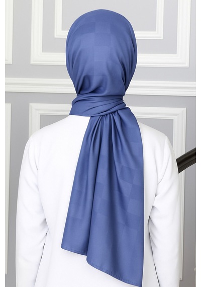 Mim Eşarp Emproyal Silver Jakar Dama Desenli Şal 75x190 Cm İndigo