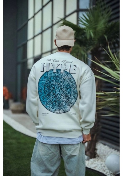 Modi Üç İplik Bisiklet Yaka Baskılı Sweatshirt - Beyaz Açık Kahverengi - Beyaz