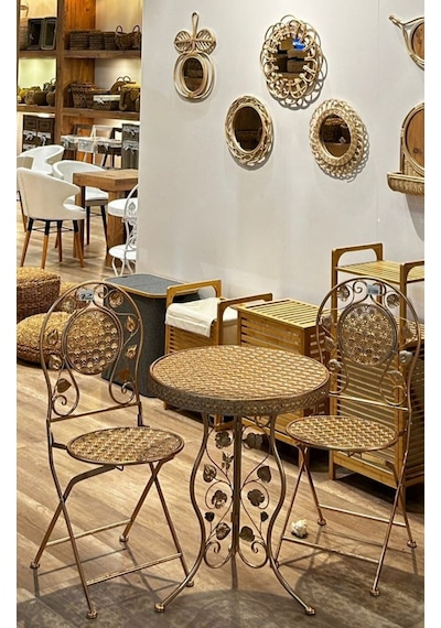 Panalı Ferforje Masa Sandalye Gold 2+1