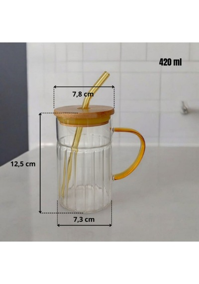 Bambu Kapaklı Cam Pipetli Kupa 420 Ml Sarı