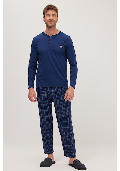 Tudors Erkek Regular Fit Pamuklu Düğmeli Yaka Beli Lastikli Desenli İndigo Pijama Takımı-39789