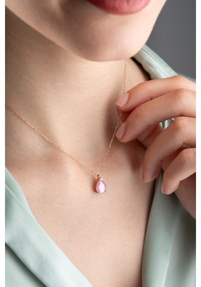 925 Ayar Gümüş Pembe Taşlı Damla Model Kolye Rose Gold
