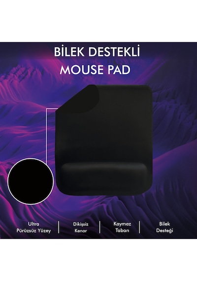 MP02 - Siyah Dörtgen Bilek Destekli Mouse Pad Kaymaz Taban