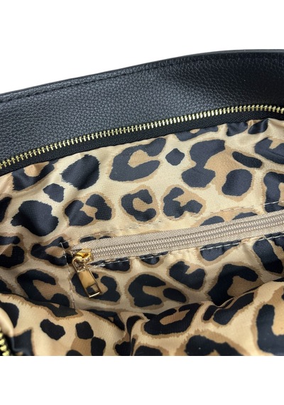 Siyah Süet Püsküllü Hobo Çanta, Leopar Desenli Astar, Altın Rengi Fermuarlı Siyah