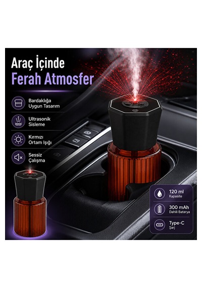 Araç İçi 120 Ml Ultrasonik Hava Nemlendirici Ve Aromaterapi Difüzörü Type-c Şarjlı Koku Siyah