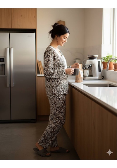 İnspira Lingerie Leopar Ve Çiçek Desenli Pamuklu Penye Kumaş Pijama Takımı Leopar