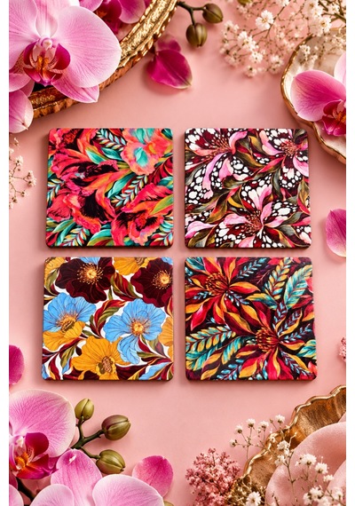 Tropical Orchid Egzotik Çiçek Desenli Temalı 4 Lü Bardak Altlığı Set 9 Cm, 3 Mm Ahşap Mdf, Dijital Baskı - 933746217 Diğer