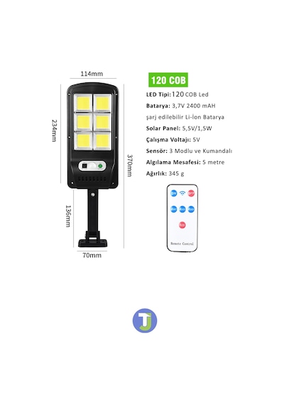 Technojet 6 Gözlü 120 Ledli Solar Bahçe Aydınlatma Kumandalı Güneş Enerjili Sokak Lambası Projektör