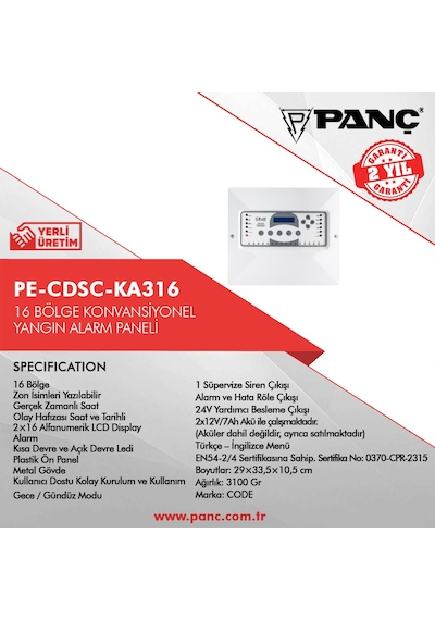 Pe-Cdsc-Ka316 16 Bölge Konvansiyonel Yangın Alarm Paneli
