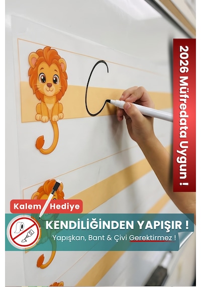 Pi Papers Aslanlı Kılavuz Çizgili Statik Kağıt Çocuklar İçin Yaz-sil Özellikli Yapışkansız Pano 56x100 Cm Turuncu