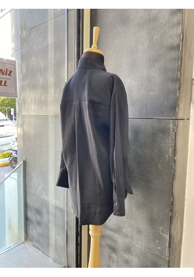 Pera Moda Yakası Taşlı Modal Kumaş Oversize Kadın Gömleği Siyah