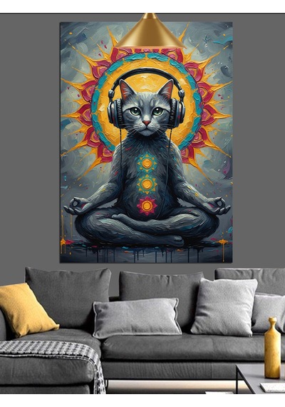 Meditasyon Yapan Kulaklıklı Kedi Dekoratif Kanvas - Mdf Ahşap Tablo