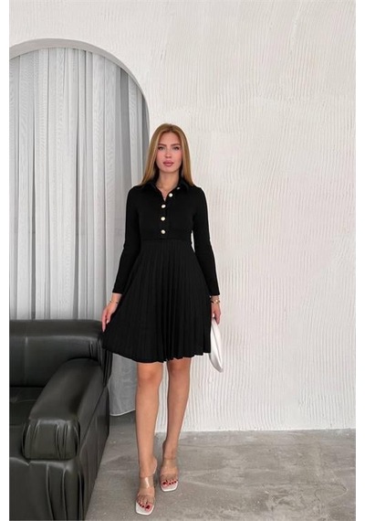 Dip Moda Kadın Triko Düğme Detaylı Pileli Mini Elbise Dpnbk2166 Siyah Dip Moda Kadın Triko Düğme Detaylı Pileli Mini Elbise Dpnbk2166 Siyah