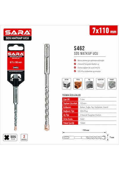 Sara S462 Sds Plus Matkap Ucu 7 X 110 Mm, 2 Kesicili Tungsten Karbür Uçlu